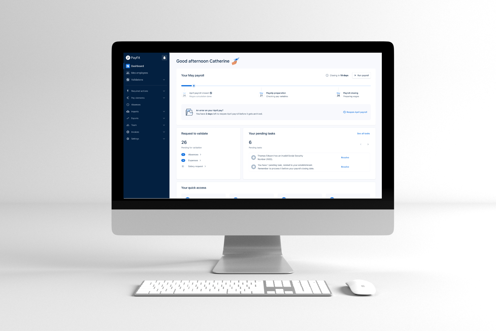 imac with the payroll dashboard from payfit